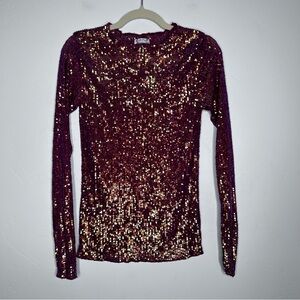Free People Sparkling Sequin Long Sleeve Top Maroon Size Small Holiday NYE